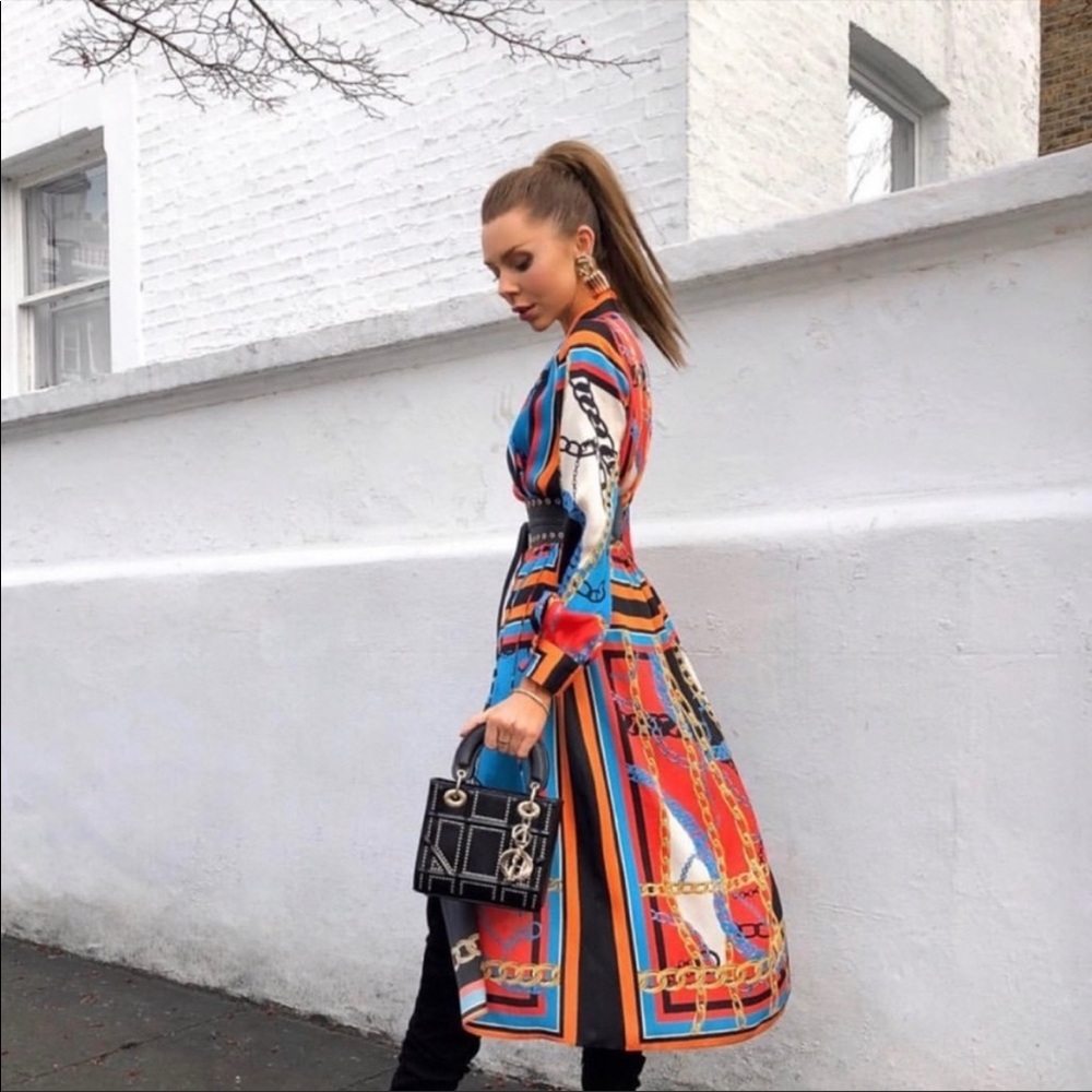 ZARA NWT BLOGGER FAVE Blue & Orange Chain Print Scarf Midi Shirt Dress Sz S - Picture 11 of 13